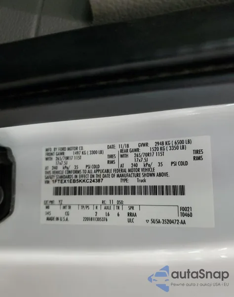 2019 Ford F150 Super Cab z USA, uszkodzony, nr VIN 1FTEX1EB5KKC24387